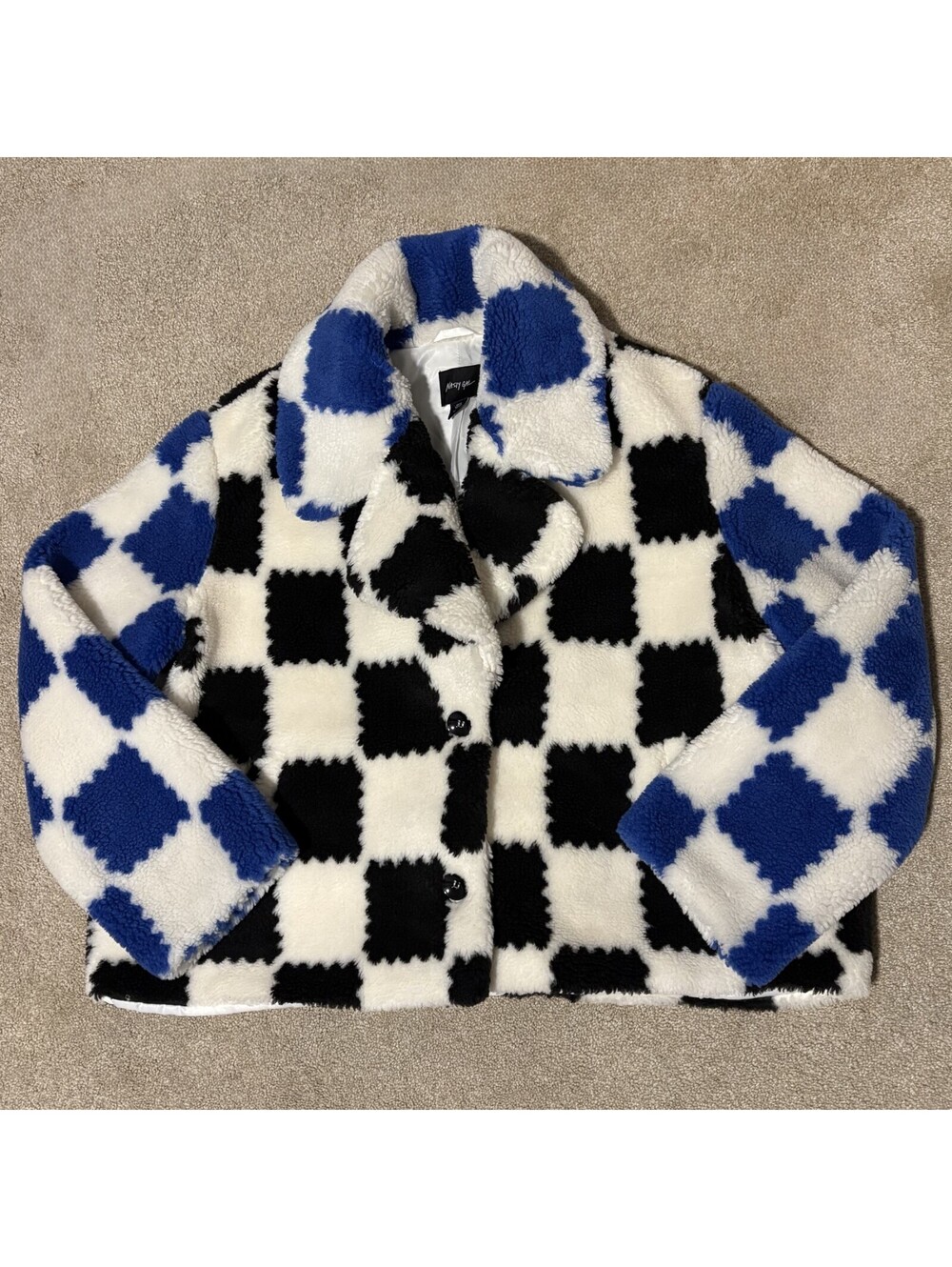 Nasty Gal Womens Sz 10 Checkerboard Sherpa Jacket Motocross Borg Oversized Crop